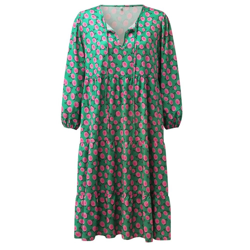 Boho Floral Puff Sleeve Tiered Maxi Dress Casual Layered Dress